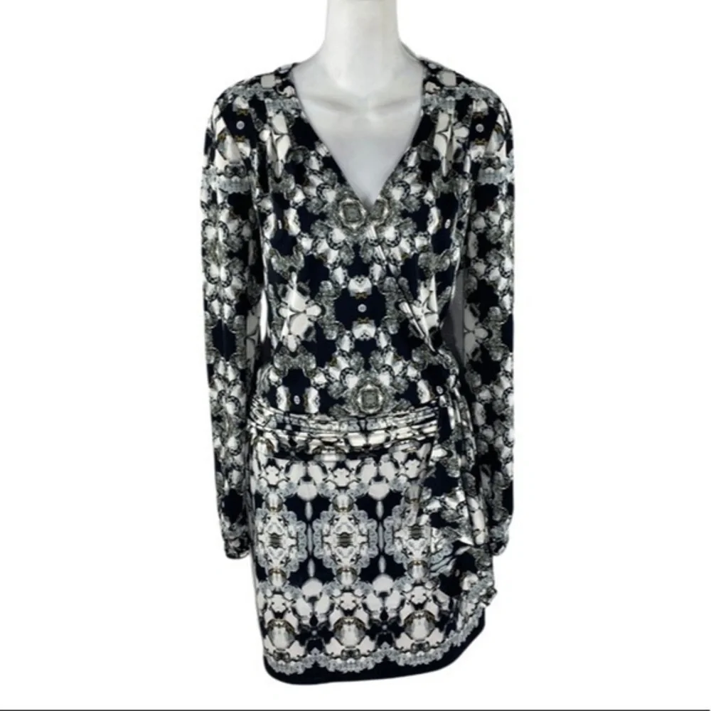Cache black silver diamond kaleidoscope print surplice dress H19